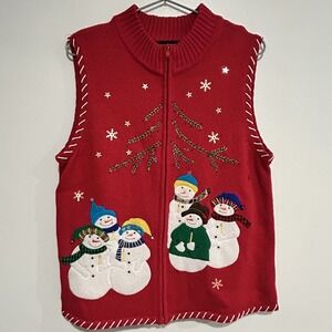 Designers Originals Studio Sweater Vest Womens MED Red Knit Christmas Snowmen
